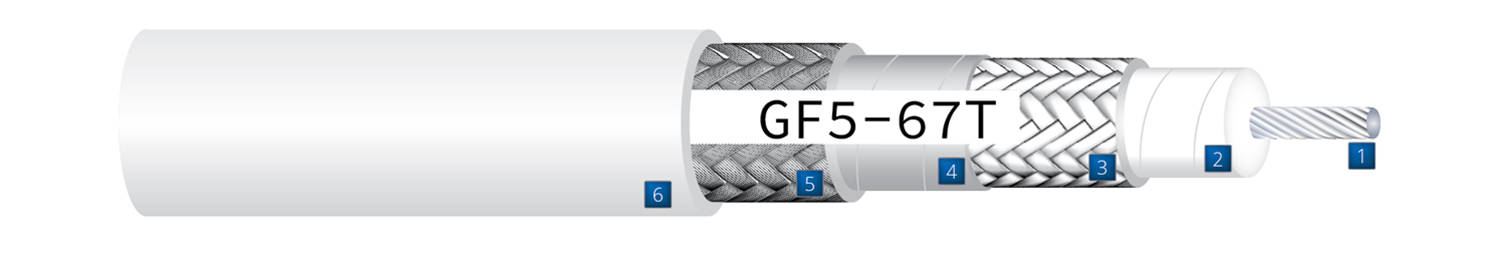 Aerospace cable construction drawing detailing components of GF5-67T  Low-Loss High-Performance 50 Ohm Coaxial cable