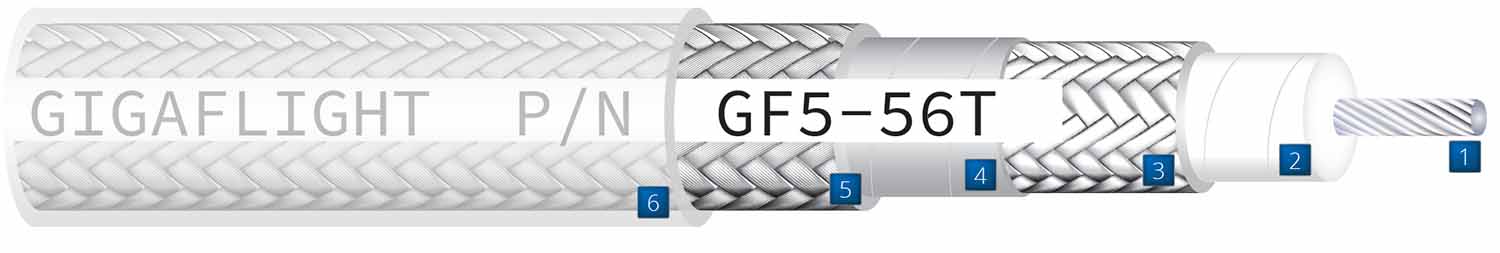 Aerospace cable construction drawing detailing components of GF5-56T Low-Loss High-Performance 50 Ohm Coaxial cable